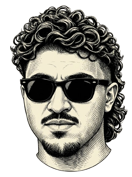Black-and-white engraved portrait of Soufiane wearing sunglasses